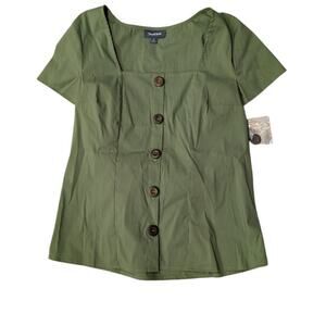 ModCloth Cottage Curation Square Neck Top Green Button Front Tie Back S